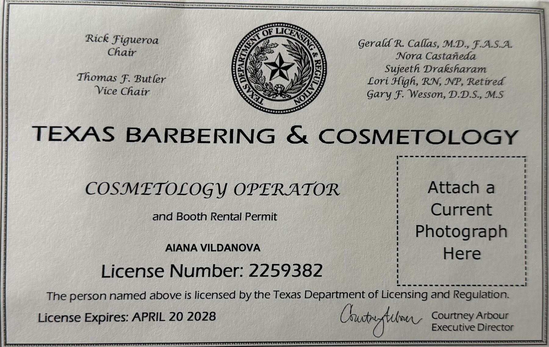 Texas cosmetology operator license for Alana Vildanova